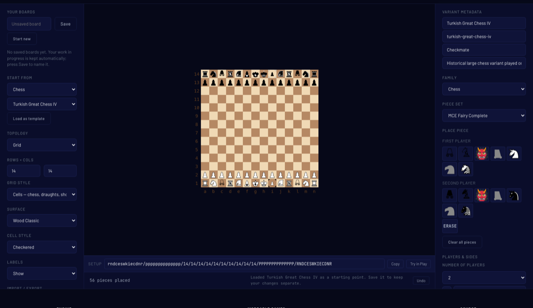 The Create editor with Turkish Great Chess IV loaded as a starting point, showing board size, topology, and piece placement controls