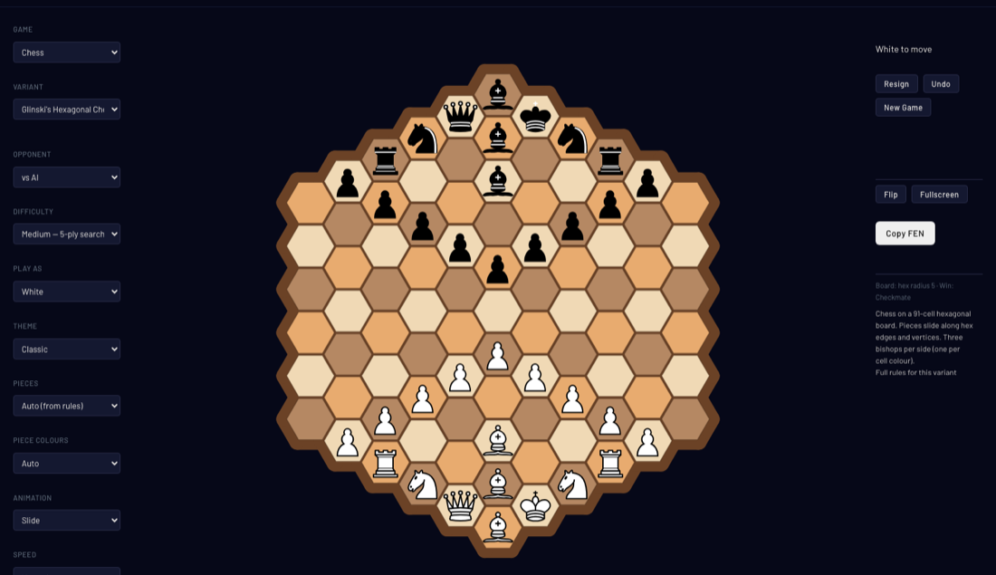 Glinski's Hexagonal Chess running in the engine: chess on a 91-cell hexagonal board