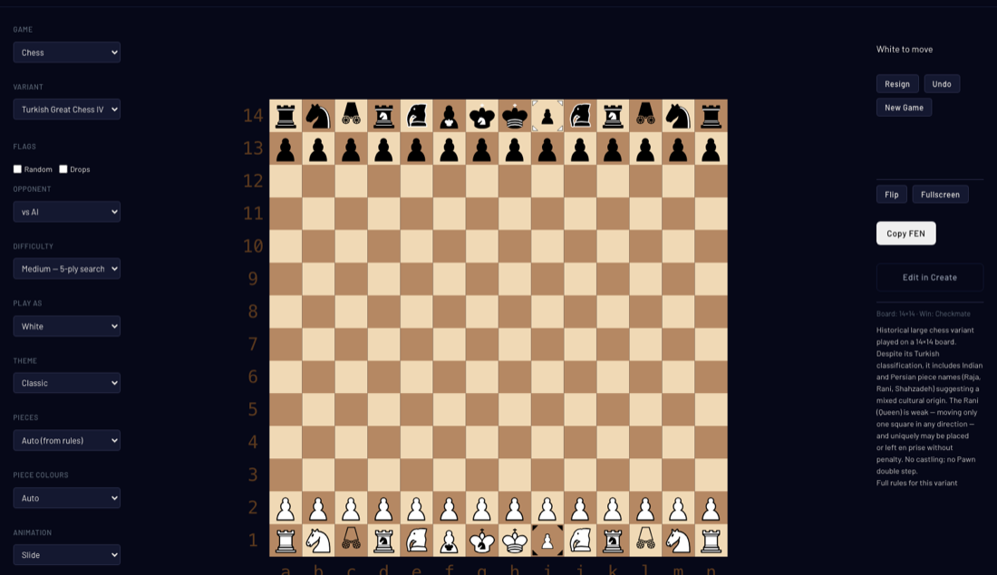 Turkish Great Chess IV running in the engine: a 14 by 14 board with 56 pieces, playable against the AI