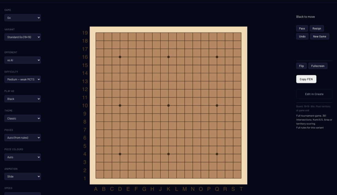Standard Go running in the engine on a full 19 by 19 tournament board
