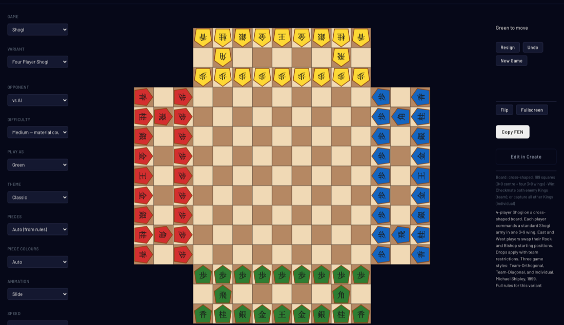 Four Player Shogi running in the engine: four armies on a cross-shaped 189-square board